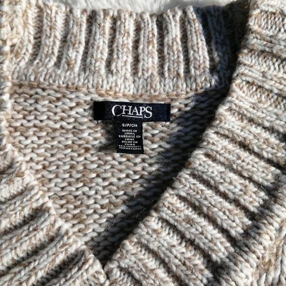 Chaps Knit V Neck Sweater, White and Gold - Picture 3 of 8